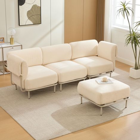 Divano angolare componibile a l con pouf - 251x155x78 cm - 3 posti per soggiorno e ufficio - tessuto di ciniglia stile scandinavo moderno - beige (1/5)