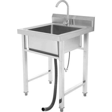 Évier de cuisine sur pied en acier inoxydable 93 x 60 x 60 cm avec 1 bac et bonde - Évier simple avec grand lavabo et surface de rangement - Lavabo sur pied pour cuisine, garage, buanderie (1/5)