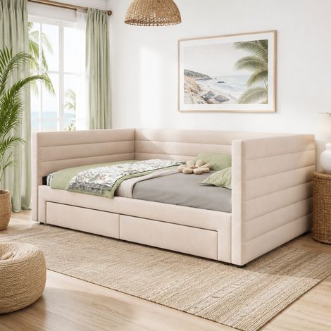 Schlafsofa 207 x 189 x 74 cm aus Baumwolle und Leinen, beige, mit Stauraum, ohne Matratze (1/5)