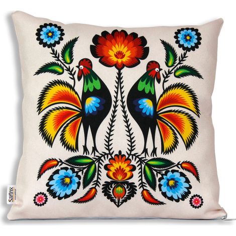 Almohada popular de Łowicz, gallos naranjas, recorte beige (1/2)