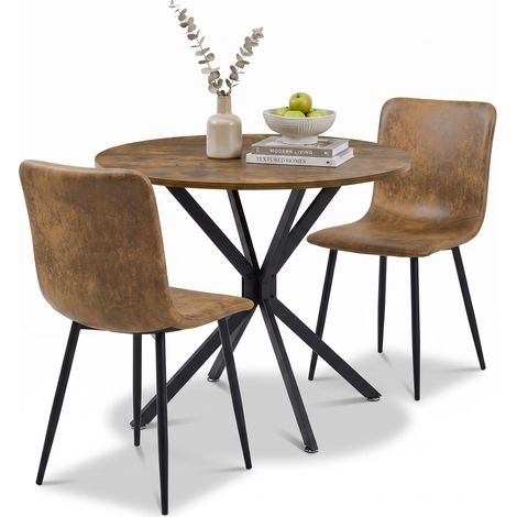 FurnitureR Ensemble repas 3 pièces avec table ronde et 2 chaises effet daim, Table ronde de 90 cm avec 2 chaises effet daim, dossier haut carré et pieds en métal noir (1/5)