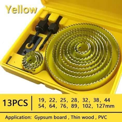 13PCS 19-127m ensemble de scie cloche scie tasse bois couronne foret pour panneau de gypse bois PVC plastique densité panneau métal outils de travail du bois - Jaune (1/5)