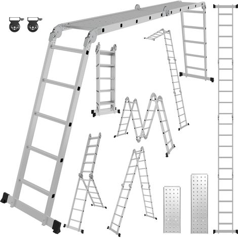 TolleTour Escalera plegable articulada 7 en 1 de aluminio, 4x5 peldaños, aprox. 582 cm / 5,8 m, plegable, 2 plataformas + 2 ruedas, carga máxima 150 kg (1/5)