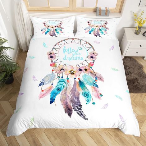 Housse de Couette 220x240 Attrape Rêves en Imprimé Parure de Lit Fille 2 Personne avec Fermeture Éclair avec Taies d'oreiller 65x65cm Plumes Fleurs Literie Housse de couette ado fille (1/5)