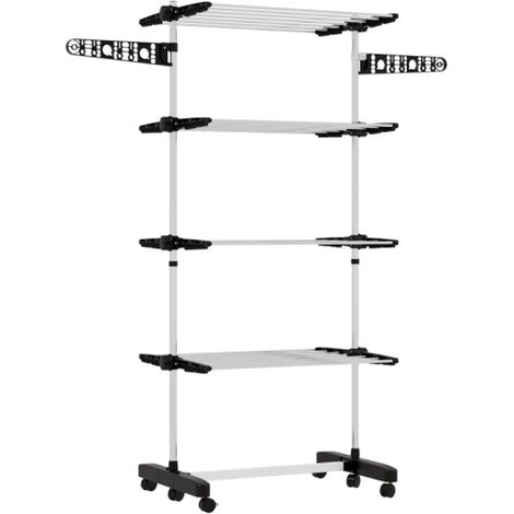 Collapsible Four-Shelf Laundry Rack with Side Arms and Wheels - Black Clothes Drying Solution