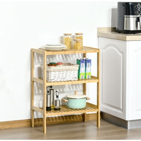 Scaffale da bagno in bambù naturale 62 cm, mobile contenitore a 3 ripiani con struttura rialzata (1/5)