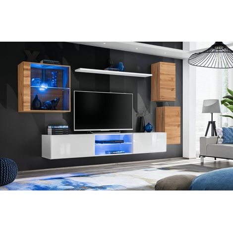 Ensemble meuble TV mural Switch XXIII - L 250 x P 40 x H 140 cm - Blanc et marron - Livraison gratuite