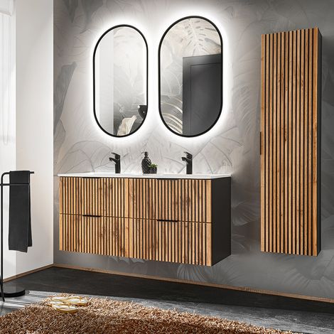 Conjunto mueble lavabo doble encastrado 120cm espejos LED y columna Gaia Madera y Negro (1/4)