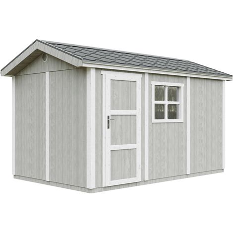 Caseta de jardín de CALIDAD PREMIUM 8,68 m²-L412xW250cm - Construcción con paneles LP Smartside - con Suelo y Tejas Bituminosas - TIMBELA M914-TUNDRA GREY (1/5)