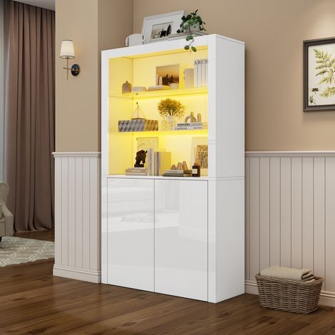 Vitrina con 2 Puertas, LED, Estante de Cristal Templado, Salón, 100 × 35 × 170 cm, MDF, Blanco (1/5)