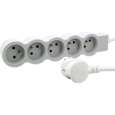 Rallonge Multiprise Extra-Plate, 5 Prises 2P+T 16A 3680W, Cordon 3m Blanc Et Gris Clair, 1 Prise À 90° Pour Chargeur Volumineux