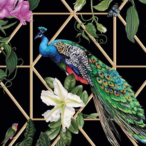 Papier peint panoramique oiseaux multicolore fond noir Tapisserie panoramique fleurie & oiseau pour cuisine Papier peint panoramique jungle escalier (1/3)