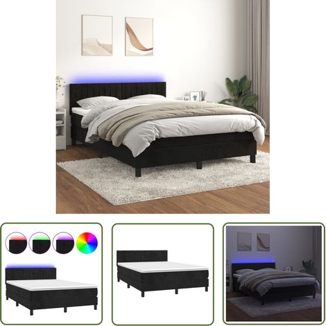 The Living Store Sommier à lattes de lit avec matelas et LED Noir 140x190 cm - Lit Plateforme - Lit Design - Lit Capitonné - Lit Velours - Lit Avec Éclairage Led (1/5)