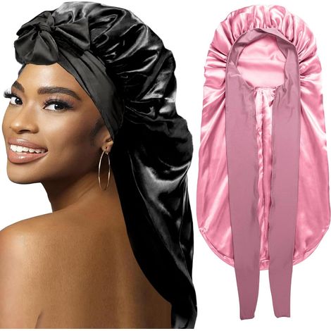 Bonnets pour femmes noires tressées, grand bonnet long en satin pour tresses, bonnet en soie avec bandeau élastique pour dormir, protège-cheveux, X-Large (1/5)