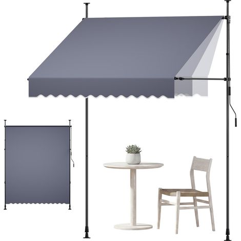 Store Banne Manuel sans Perçage Auvent Rétractable 200 cm pour Terrasse et Balcon, avec Manivelle, Hauteur Réglable 210-310 cm, Barres Latérales Réglables 110-150 cm, Angle 0°-90°, Gris Foncé (1/5)
