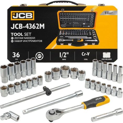 Set de de presa de chiave a cricchetto JCB 36 pz. 1/2", acciaio CR-V, per officina e lavori pesanti, cricchetto de 72 denti, manico de gomma, de metallo.