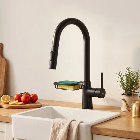 Robinet de Cuisine Mitigeur à Douchette Extractible 2 Modes – Bec Pivotant 360° – Panier de Rangement Intégré – Noir Mat - KeeGone Pro (1/5)