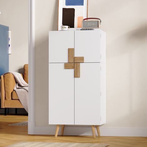 Armoire haute de cuisine 60x35x120 cm avec 4 portes, grand rangement, étagères réglables, rangements de porte, façades géométriques, MDF blanc (1/5)