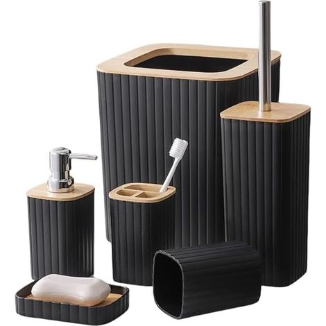 Lot de 6 accessoires de salle de bain en bambou de luxe - Poubelle de salle de bain et brosse WC - Porte-brosse à dents - Gobelet - Porte-savon - Poubelle - Distributeur de savon (1/5)