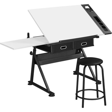 Yaheetech Tavolo da Disegno Inclinabile Altezza Regolabile con Sgabello e 2 Cassetti Scomparti a Matite Scrivania per Disegnatore Pittore Bianco