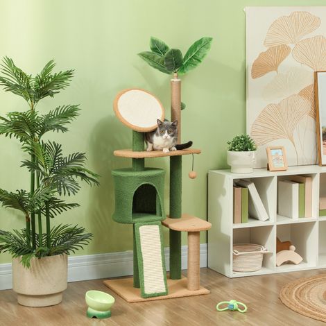 Arbre à chat, 139 cm, pour deux chats, griffoirs et plateformes en sisal, balles de jeu, arbre à chat avec grotte, vert