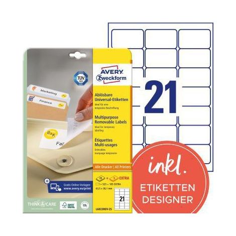 AVERY ZWECKFORM Universaletikett Avery Zweckform 63,5 x 38,1 mm (B x H) wieder ablösbar Papier weiß 630Etik./Pack.