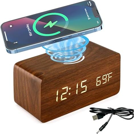 Réveil Numérique LED, Réveil Matin Affichage de la Température, Réveil avec Fonction de Recharge sans Fil pour Téléphone Portable,Contrôle du Son,3 Alarmes pour Chambre Table de Chevet Bureau (1/5)
