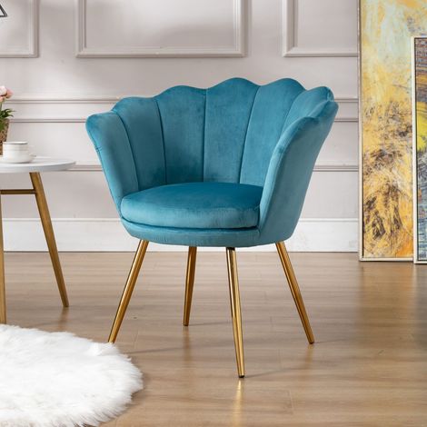 Wahson Fauteuil en Velours, Fauteuil de Salon Moderne Chaise Coquillage avec Pieds Métal Fauteuil Scandinave pour Chambre, Velours, Bleu Clair (1/5)