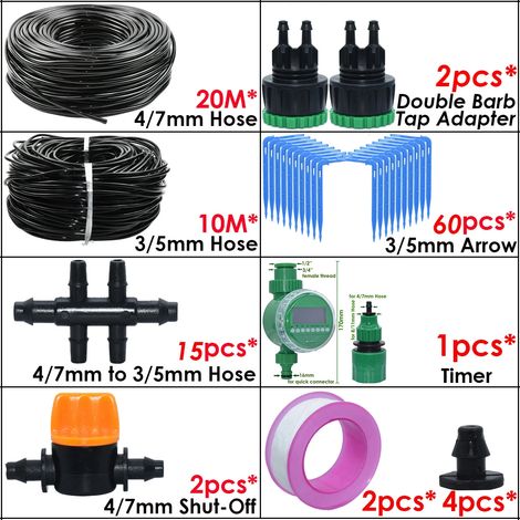 (SPL11-283B-20M-T) Kit d'irrigation goutte à goutte automatique avec coude vert pour tuyau de 4/7 à 3/5 mm, idéal pour les plantes en pot et les bonsaïs.