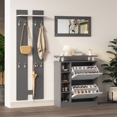 Meuble à chaussures 80x30x100, armoire à chaussures avec étagères réglables, capacité 12 paires, miroir intégré, panneaux muraux (1/5)