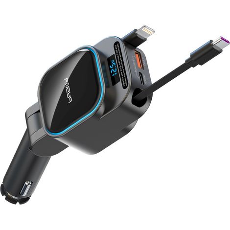 SC07 Car Charger with Retractable Cable, Supports Apple and Huawei Devices, 4-in-1 Super Fast Charging, Digital Display - Super Fast Charging Car Charger [Apple + Type-C] (1/3)