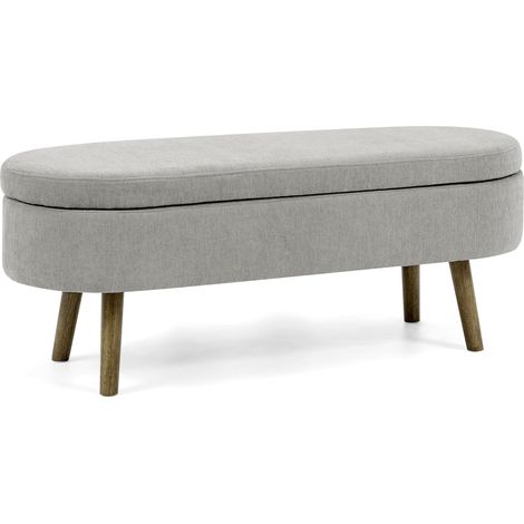 Banco de almacenaje chenilla gris 110x40x42 cm con tapa hidráulica y patas de madera HOMVRA (1/5)