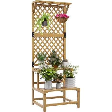 Porte-Plantes en Bois avec Treillis 2 Niveaux 60x50x166 cm Jaune - Étagère à Fleurs pour Jardin & Terrasse (1/5)