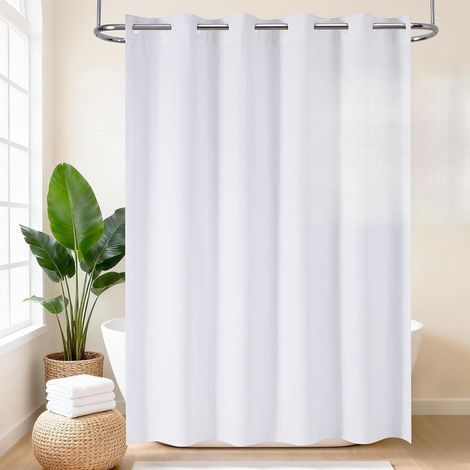 Rideau de douche Boho sans crochets, tissu rayé en polyester et lin, revêtement imperméable, rideau de bain rustique de style chalet shabby chic, 182x190cm (1/5)