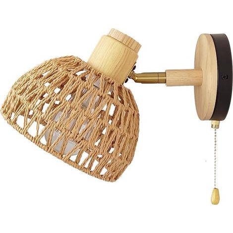 Lot de 1 applique murale en rotin avec interrupteur à chaînette et angle de 180°, douille E27, pour salon ou chambre (1/5)