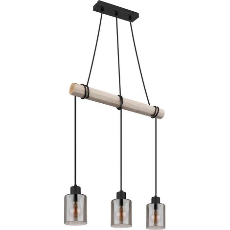Hängeleuchte Holzpendellampe Pendelleuchte Holz Esszimmerlampe Hängelampe Esstisch, Glas rauch, 3x E27, LxH 50x140 cm