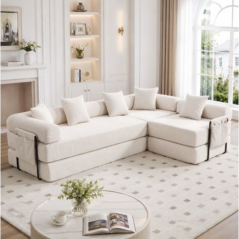 Sofa mit Schlaffunktion modular Cord Beige 270x180 OKMYHOME (1/5)
