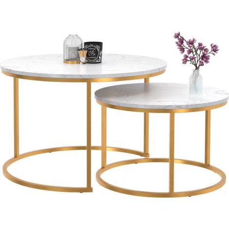 Idmarket – Lot de 2 tables basses gigognes rondes 54/70 effet marbre – Structure métal doré – Design moderne pour salon et chambre