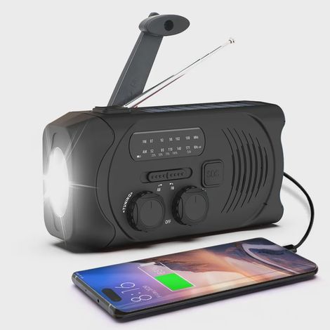 Radio à manivelle avec cellules solaires, lampe torche et batterie externe de 2000 mAh. (1/4)