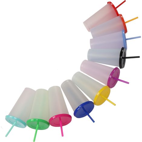 Lot de 10 gobelets à eau réutilisables en plastique de 710 ml à couleur changeante, avec couvercles et pailles. (1/5)