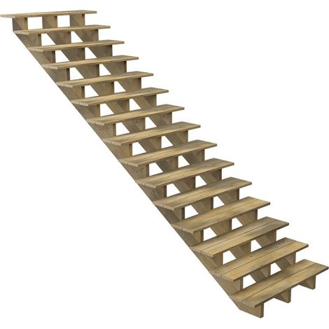 Escalier Bois Exterieur - 15 Marches - Largeur : 1m20 - Hauteur : 2m55 - Sans Contremarches - Pin du Nord - Traité Autoclave