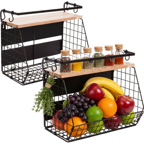 Relaxdays Wall-Mounted Fruit Basket Set of 2, Magnetic Kitchen Organiser, HWD: 30x35.5x21 cm, Wire Basket, Black/Natural (1/5)