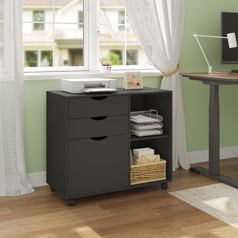 Meuble de Rangement WOLTU, armoire à dossier, avec 3 Tiroirs et 2 Compartiments Ouverts, 80x39,5x69,5 cm, en Bois d'Ingénierie, Noir (1/5)
