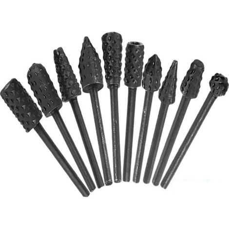 10 limes rotatives en carbure de tungstène- diamètre de tige de 1/4 de pouce- forets à bois en carbure monobloc de 3 mm- adaptés aux meuleuses pneumatiques- au polissage et à la gravure. (1/5)