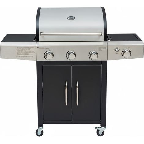 Barbecue a Gas Professionale XXL Da 13 kW con 4 Bruciatori in Acciaio Inox 304 Con Fuoco Laterale Termometro Coperchio Doppio Griglia Di Cottura 65 x 42 Cm Scaldavivande Ruote 135 × 50 × 120 Cm Nero