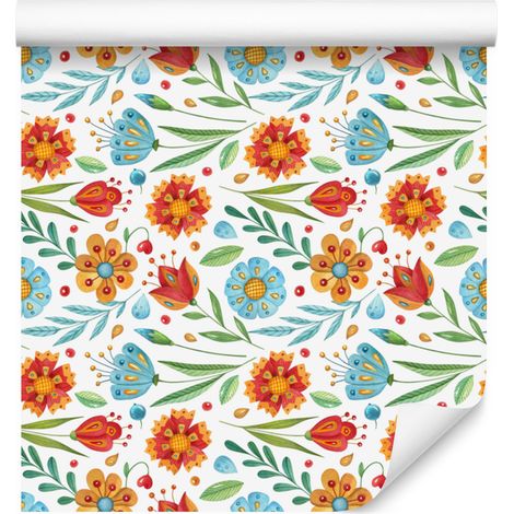 Papel pintado con flores blancas y verde celadón para salón y dormitorio, 50x1000 cm. (1/5)