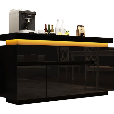 Aparador de Salón con 4 Puertas, 2 Cajones, Estantes Ajustables y LED, de Tablero de Partículas Negro, 140 x 35 x 72.5 cm (1/5)