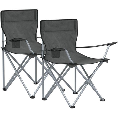 Lot de 2 chaises de camping pliables confortables avec accoudoirs et porte-gobelets 52 x 84 x 81 cm en acier gris ardoise (1/2)