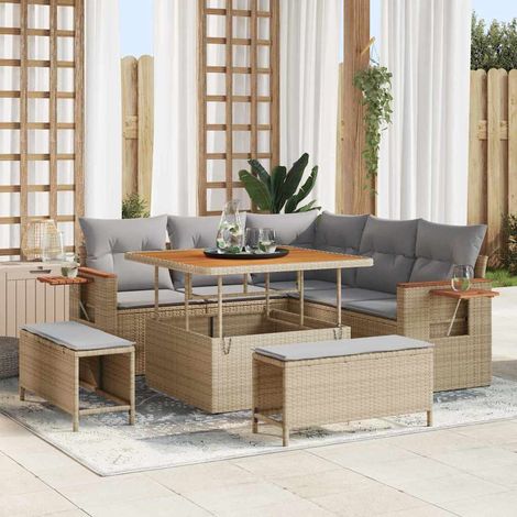 Gartensofa-set mit Kissen 9 pcs Beige und Hellgrau Poly-Rattan (1/5)