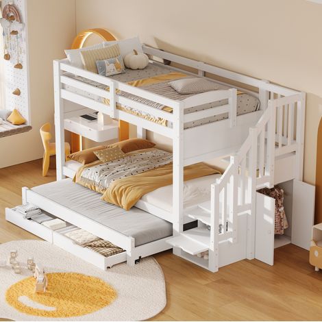 MODFU – Lit superposé 90x200 cm – Lit gigogne, 2 tiroirs – Escalier rangements, armoire – Bois – Blanc (1/5)